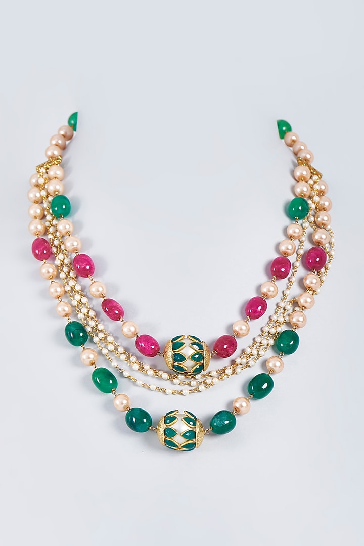 Gold Finish Green Onyx Stone Layered Necklace by Fuschia Jewellery at Pernia's Pop Up Shop